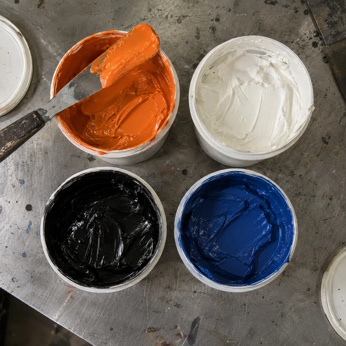Open tubs of orange, white, black and blue plastisol ink on a steel bench